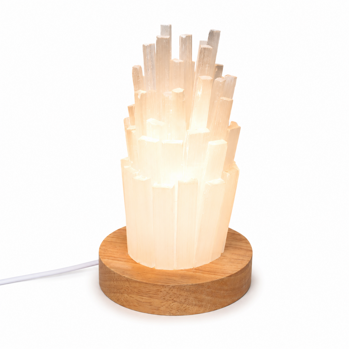 Lampa din Selenit Natural cu Baza din Lemn – Purificare, Liniste si Energie Pozitiva