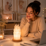 Lampa din Selenit Natural cu Baza din Lemn – Purificare, Liniste si Energie Pozitiva