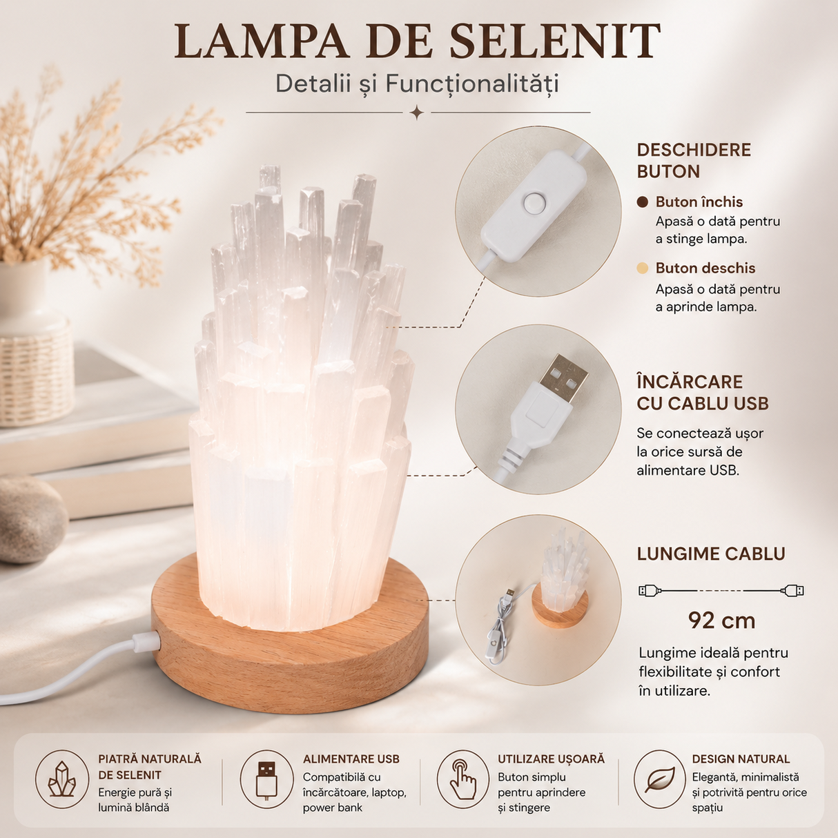 Lampa din Selenit Natural cu Baza din Lemn – Purificare, Liniste si Energie Pozitiva