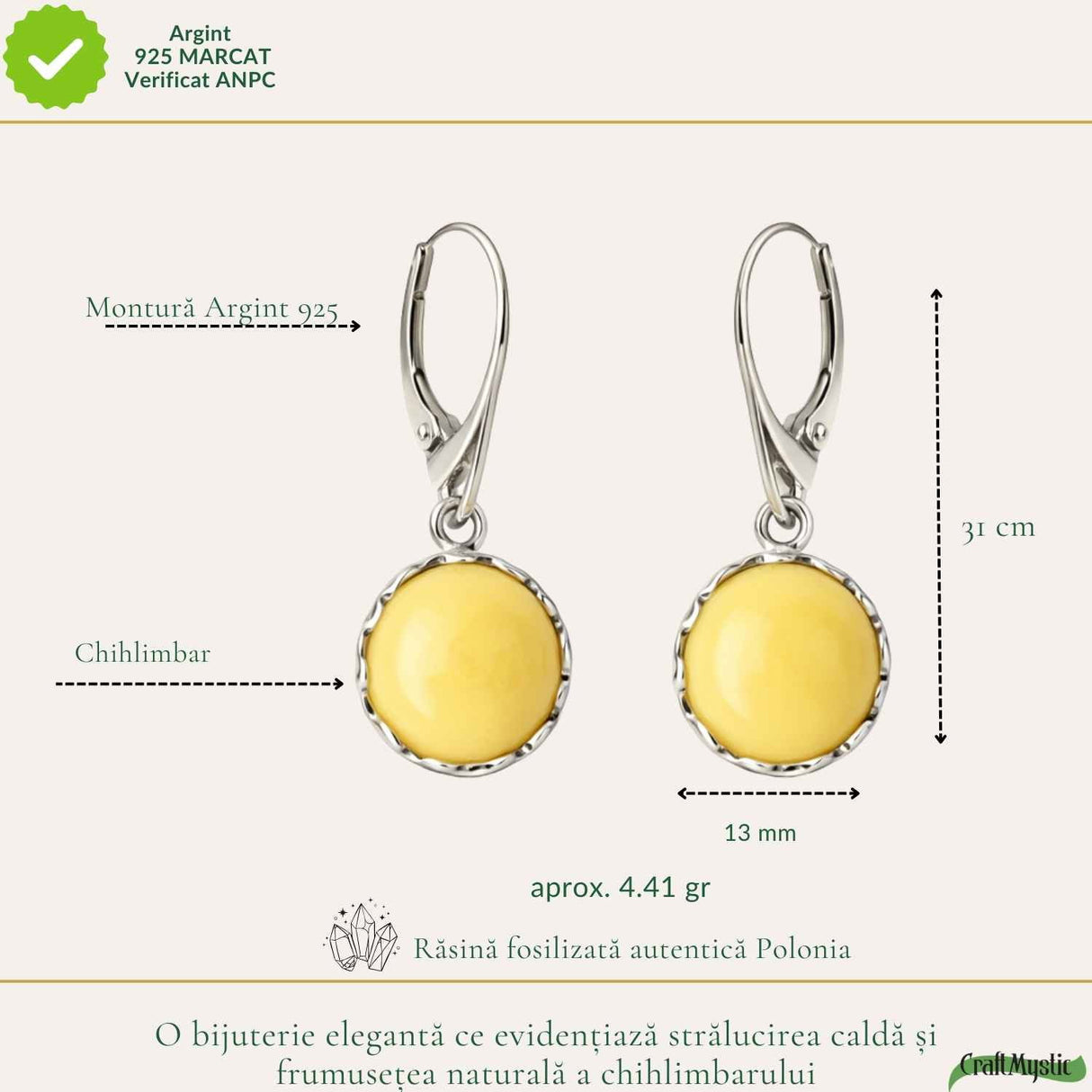 Cercei Argint 925 Rotunzi cu Chihlimbar Galben - Energie Calda si Eleganta Naturala
