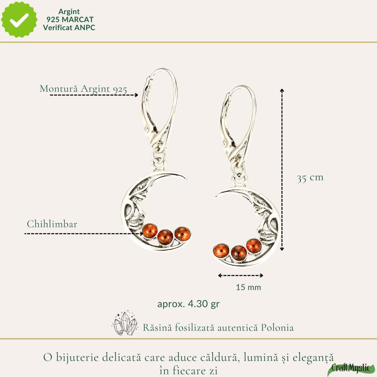 Cercei Argint 925 Semiluna cu Chihlimbar - Eleganta Mistica si Energie Calda