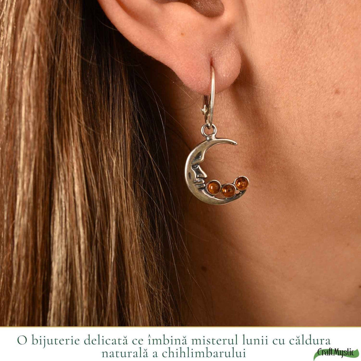 Cercei Argint 925 Semiluna cu Chihlimbar - Eleganta Mistica si Energie Calda