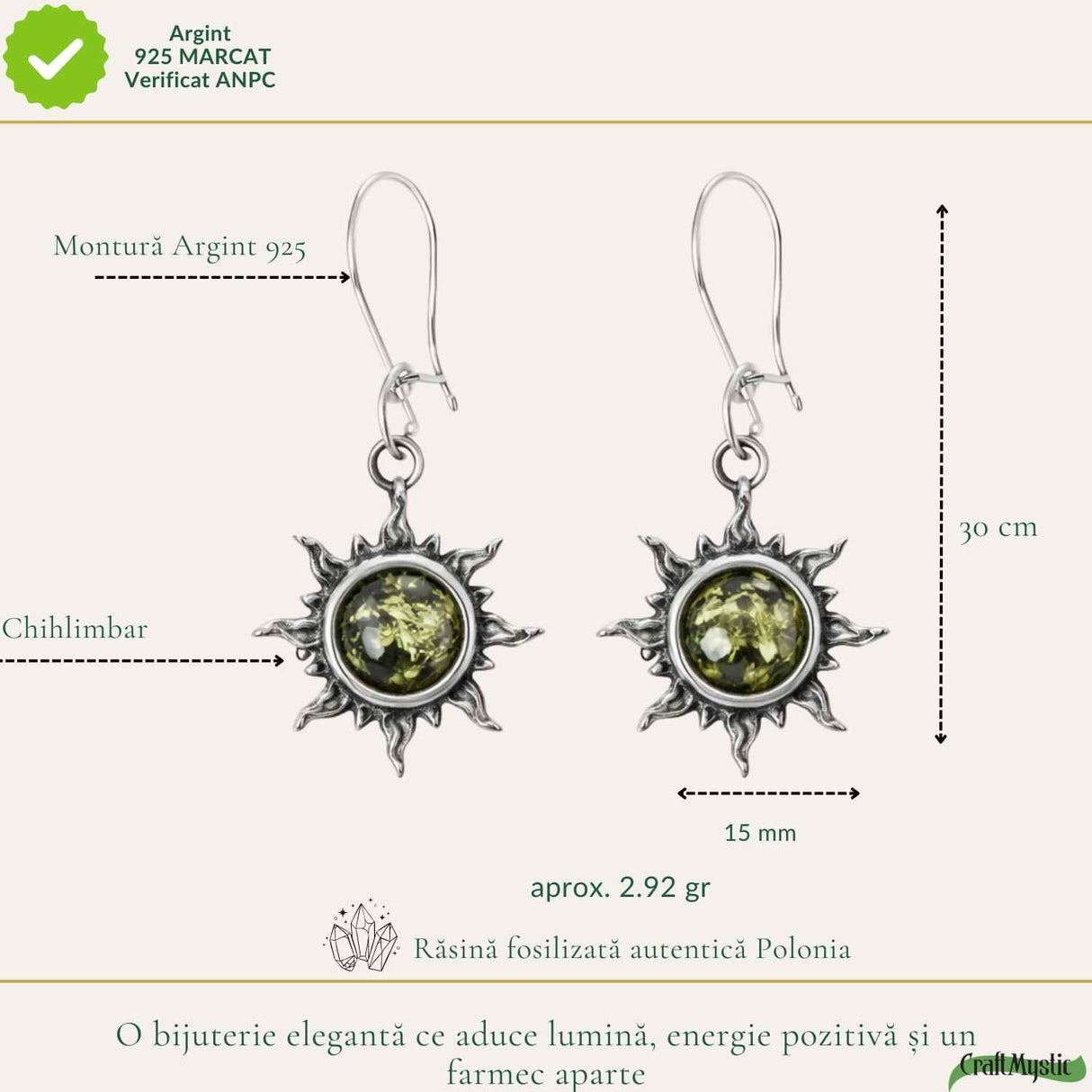 Cercei Argint 925 Soare cu Chihlimbar Verde - Energie, Vitalitate si Lumina