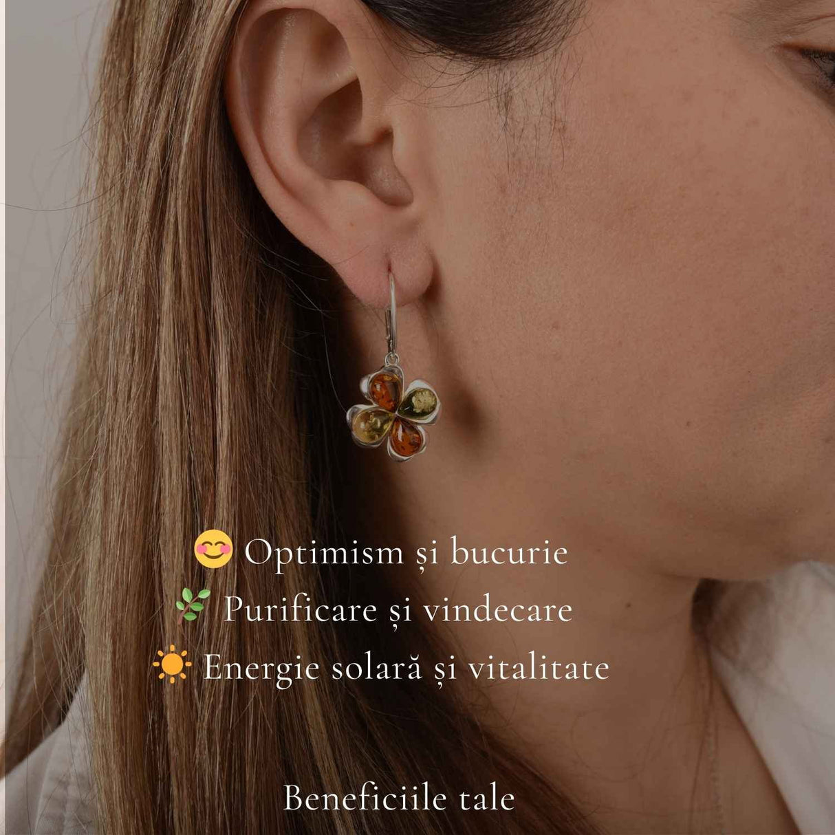 Cercei Argint 925 Trifoi cu Chihlimbar Multicolor - Noroc, Energie Pozitiva si Eleganta