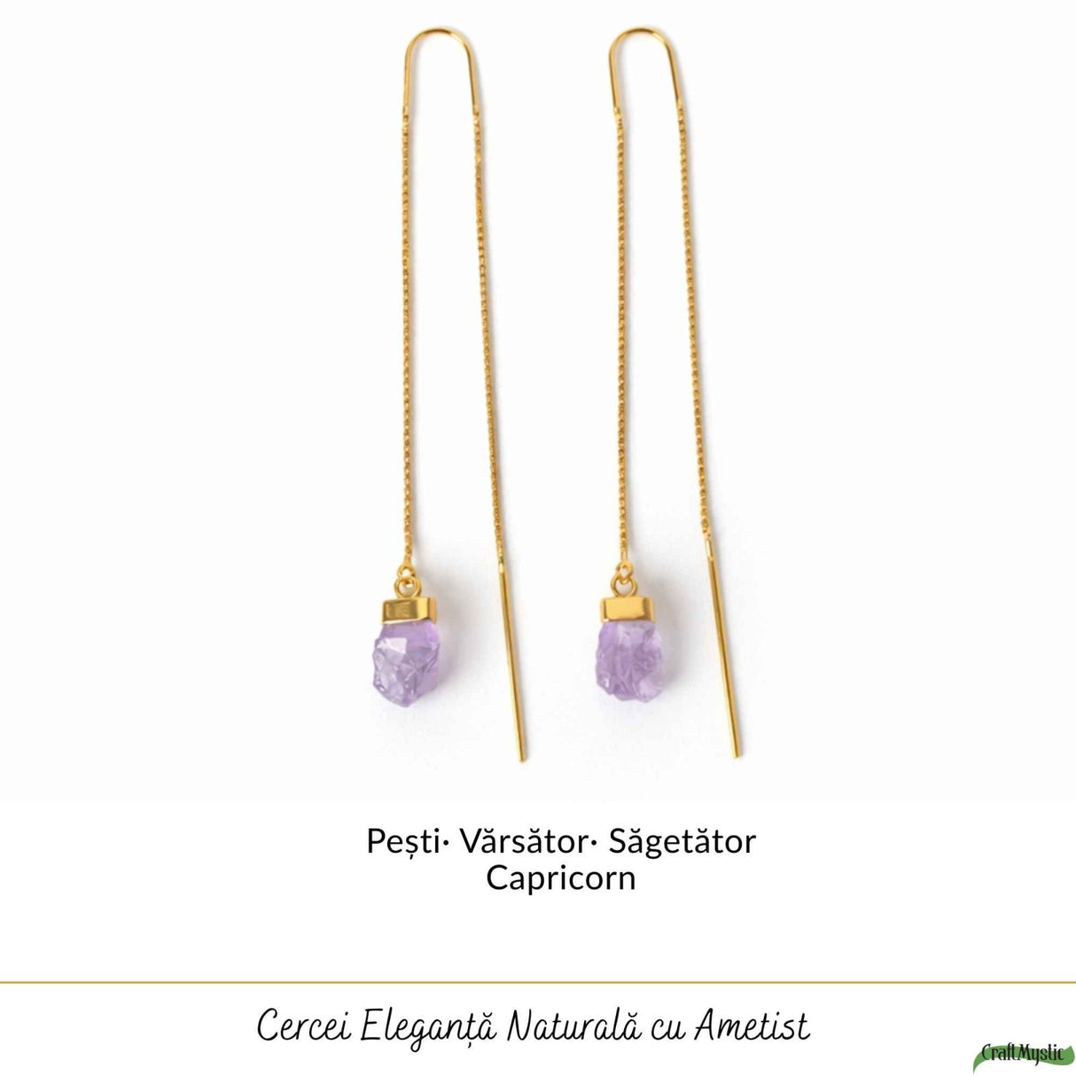 Cercei Argint 925 Placat Aur 18K cu Ametist Brut pe Lant – Calm, Claritate si Eleganta