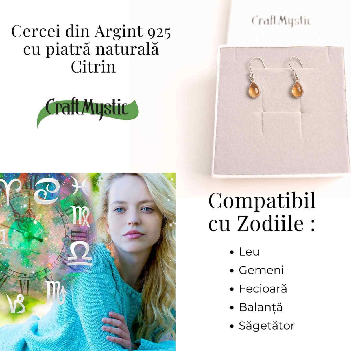 Cercei Argint 925 cu Citrin Natural forma de lacrima- Energie si Prosperitate