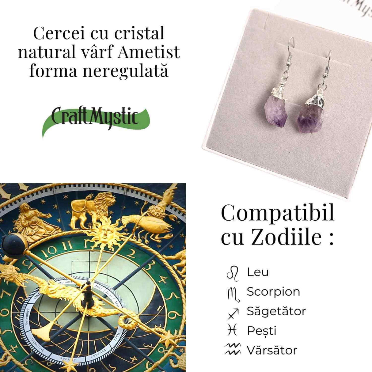 Cercei argintii cu Ametist Brut, argintii - Claritate si protectie spirituala