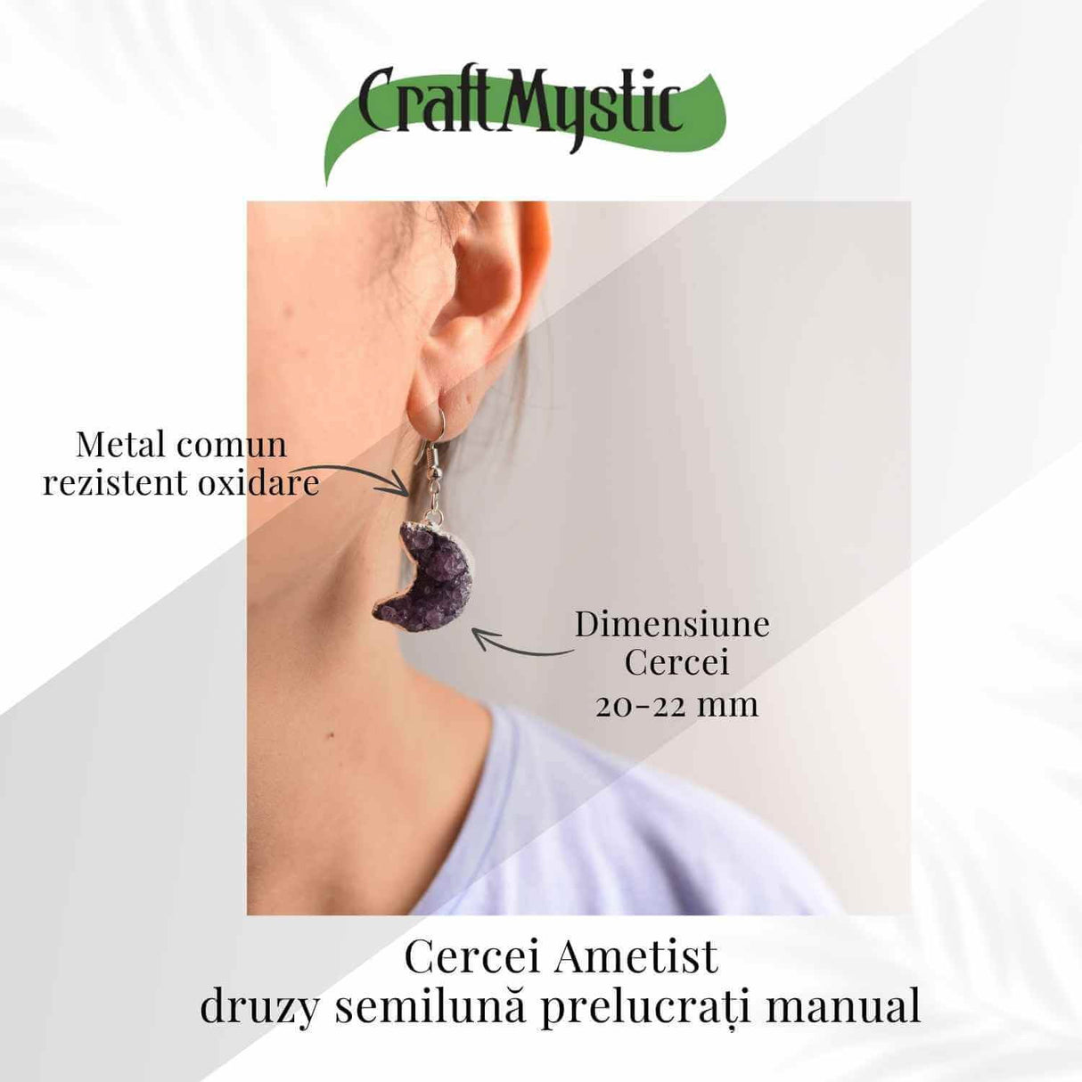 Cercei Argintii cu Ametist Druzy Natural Semiluna - Protectie si Claritate