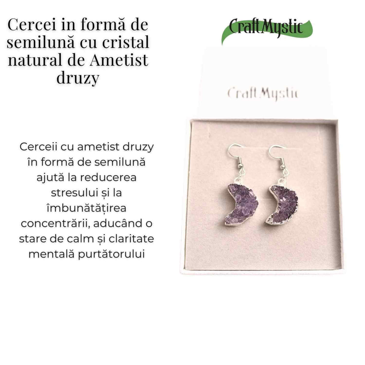 Cercei Argintii cu Ametist Druzy Natural Semiluna - Protectie si Claritate