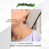 Cercei Argintii cu Ametist Druzy Natural Rotund - Claritate si Eleganta