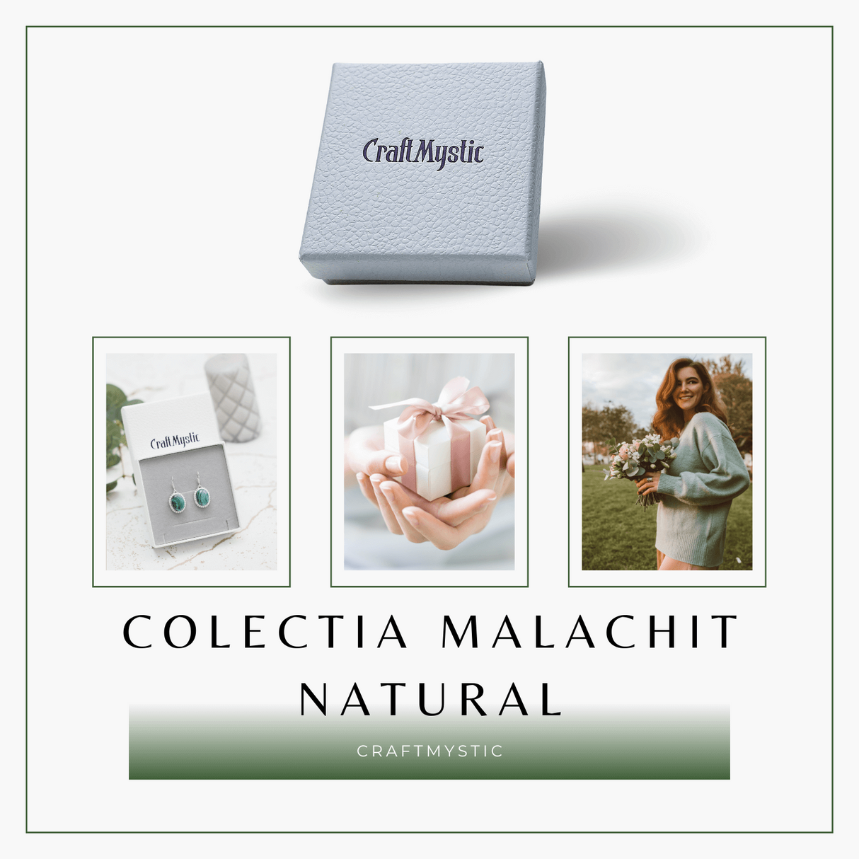 Cercei Argintii Eleganti cu Malachit Natural Oval de 16mm