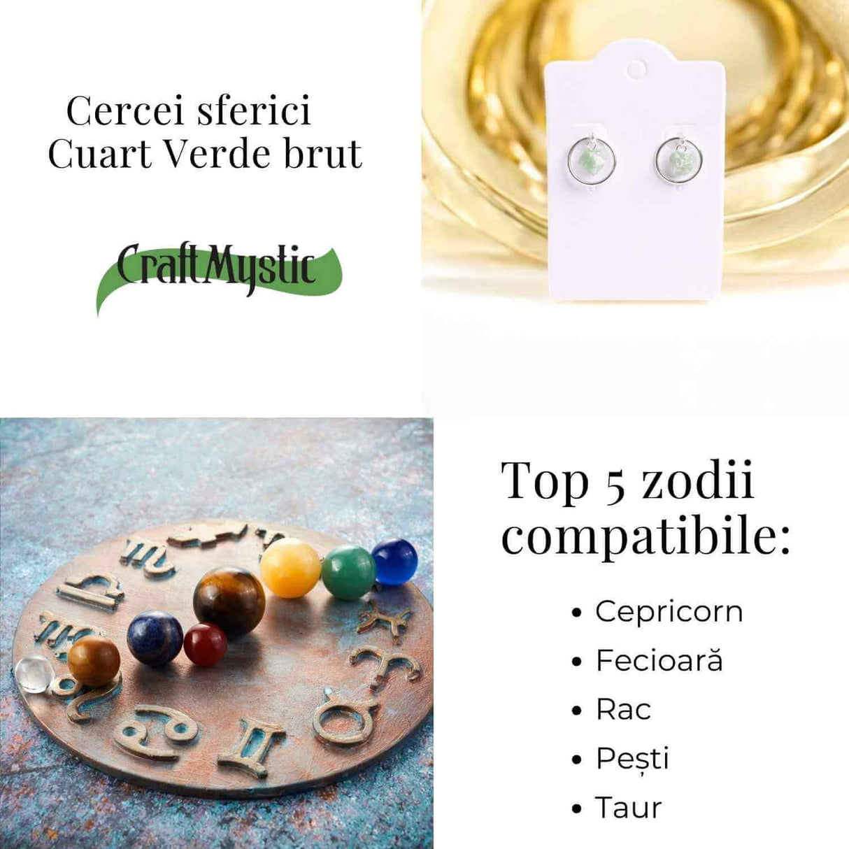 Cercei sferici cu Cuart Verde - Echilibru si Energie Pozitiva