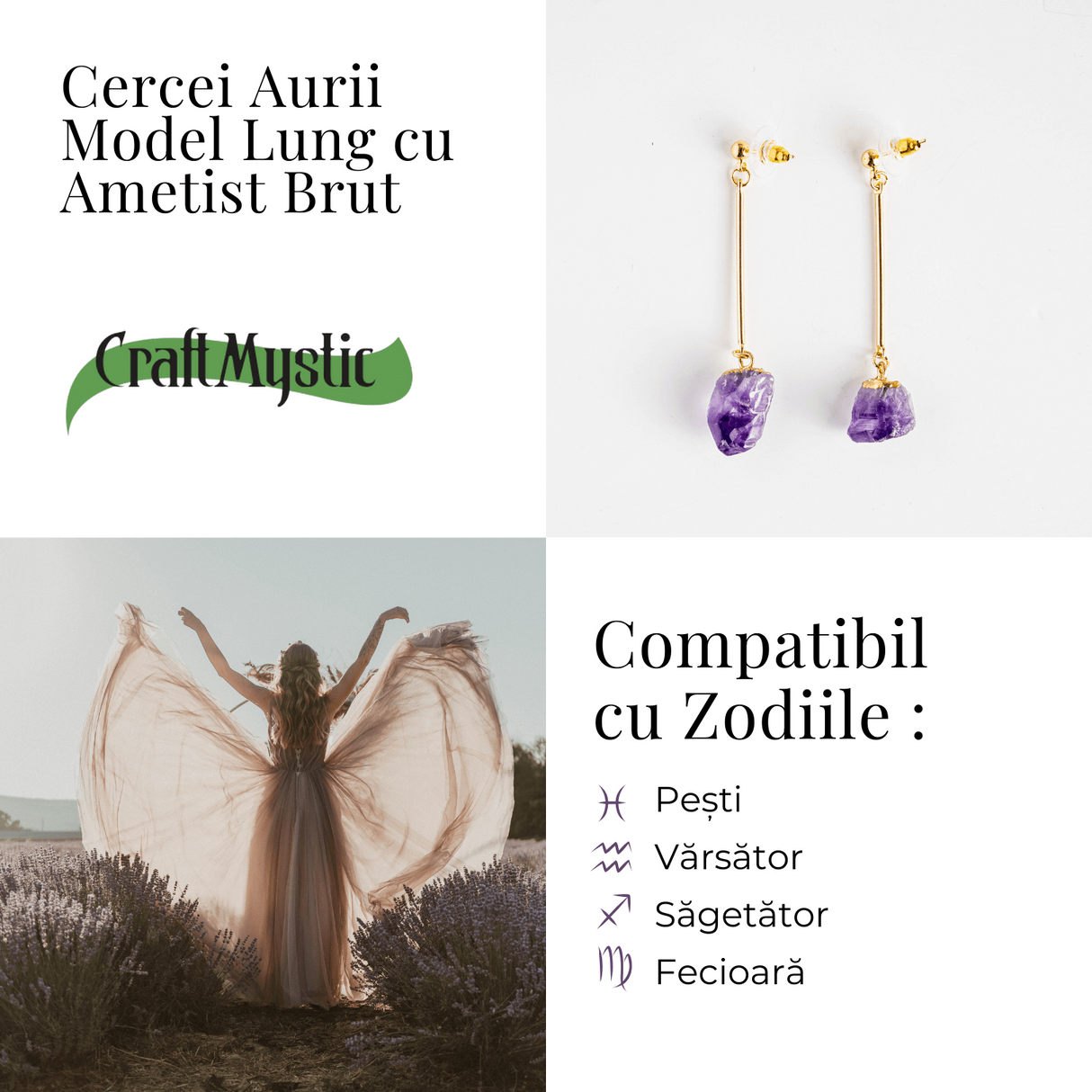 Cercei Aurii Lungii cu Ametist Brut Natural - Eleganta si Protectie Spirituala