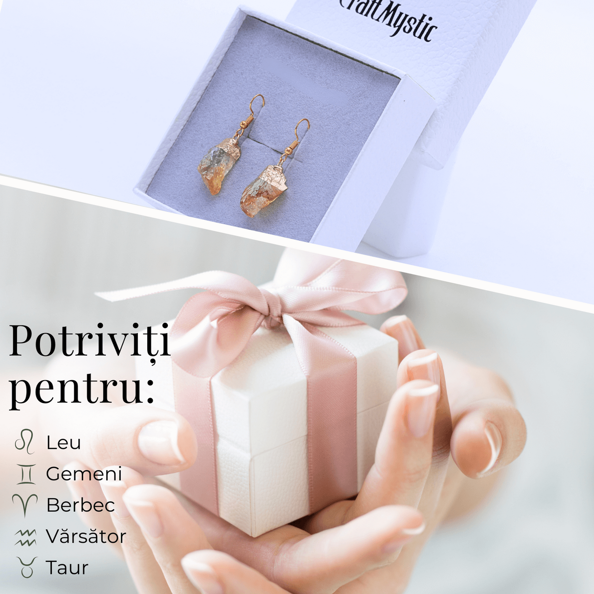 Cercei aurii cu citrin brut neregulat, pentru energie si prosperitate