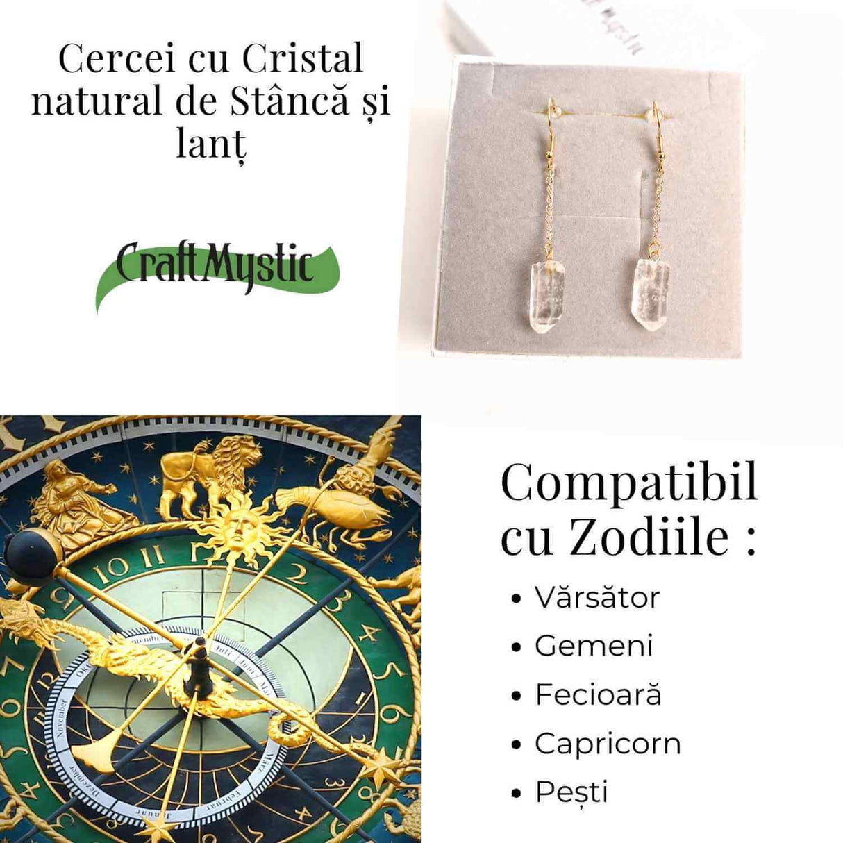 Cercei Aurii cu Lant si Cristal de Stanca, Claritate si Eleganta
