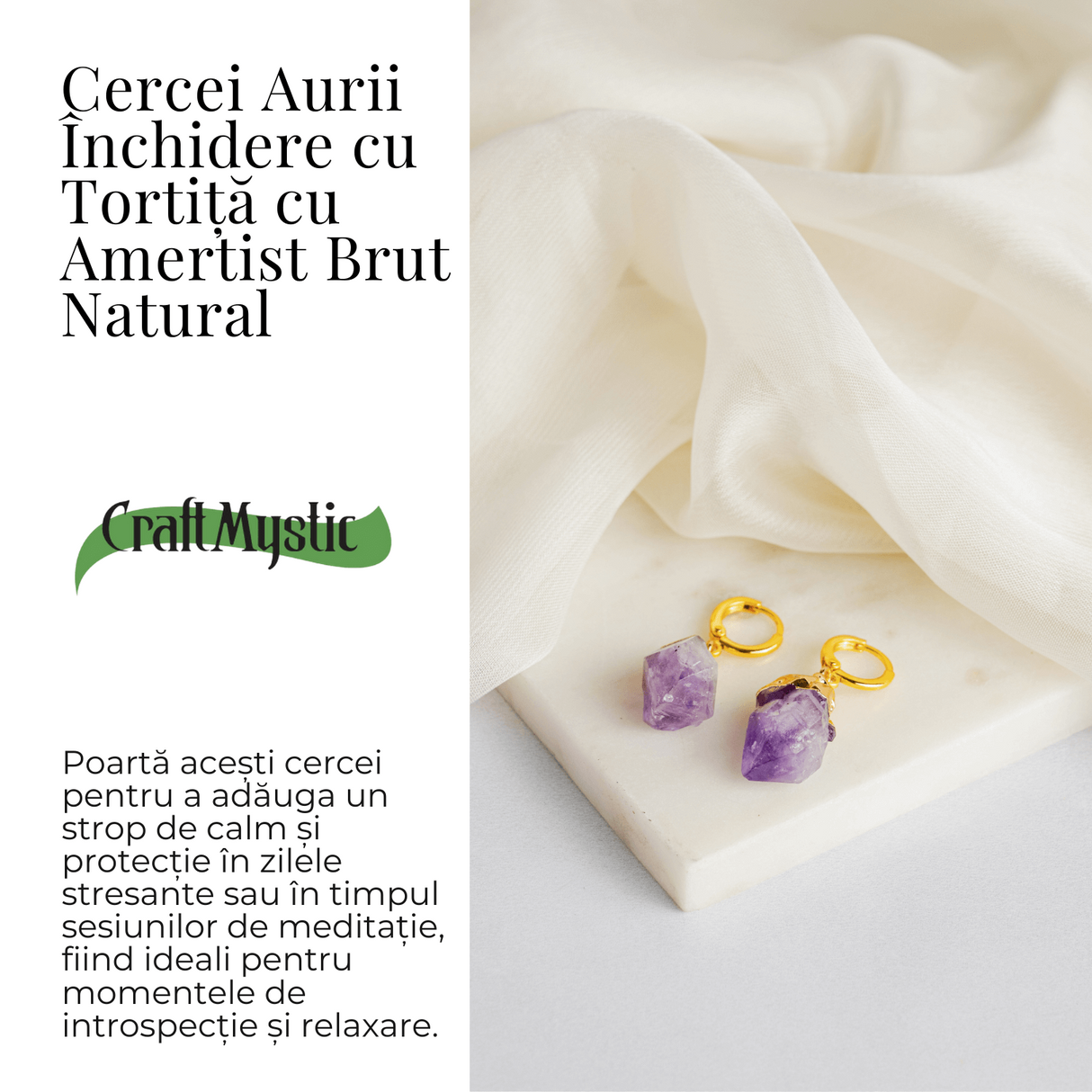 Cercei Aurii cu Ametist Brut Natural -Energie si Echilibru