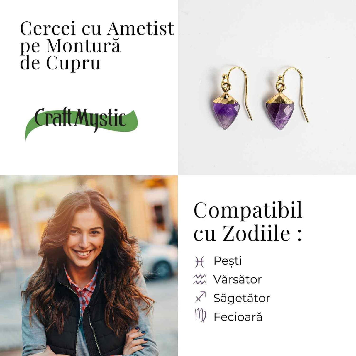 Cercei Aurii Eleganti cu Ametist Natural Fatetat - Eleganta si Protectie