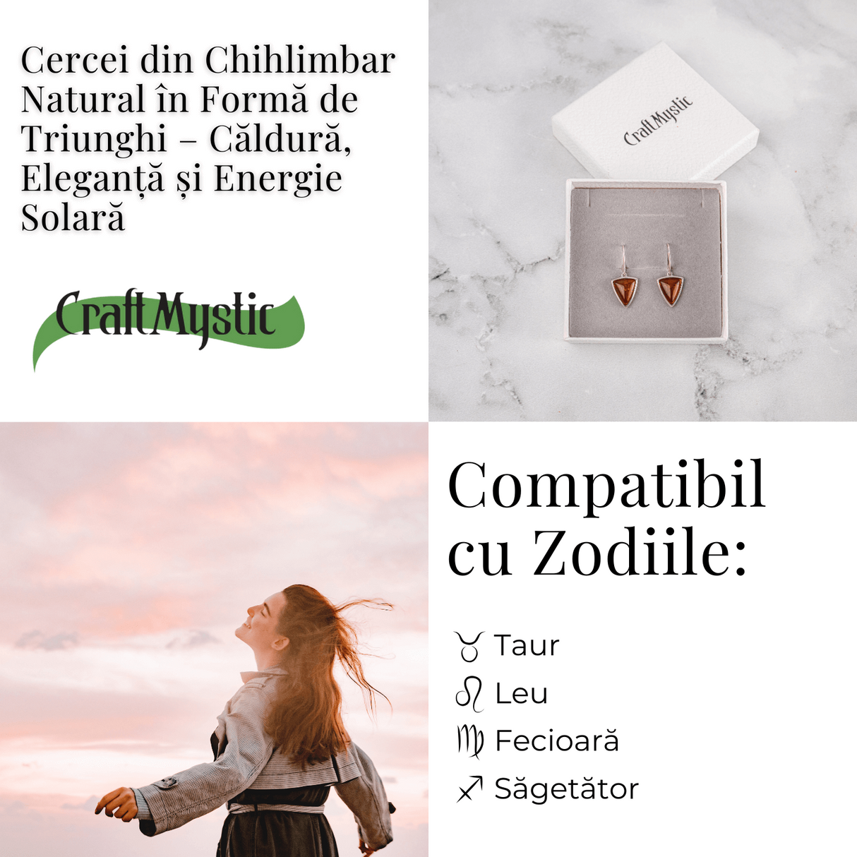 Cercei Argint 925 cu Chihlimbar Natural Triunghi - Protectie, Lumina si Echilibru