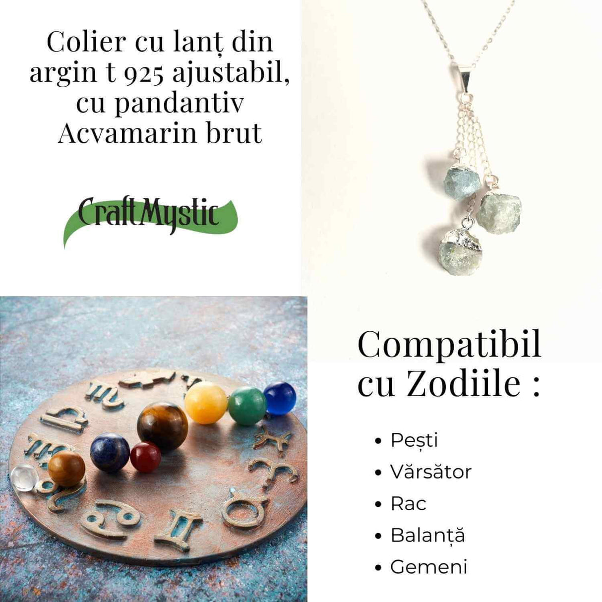Colier cu lant argint 925 si pandantiv argintiu cu 3 pietre de Acvamarin - Calm si Eleganta