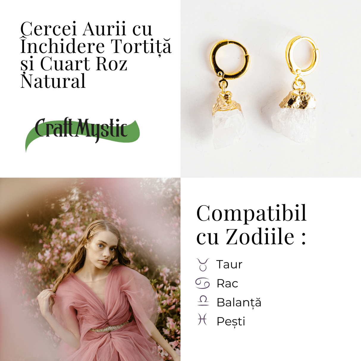 Cercei Aurii cu Cuart Roz Brut Natural - Iubire si Echilibru