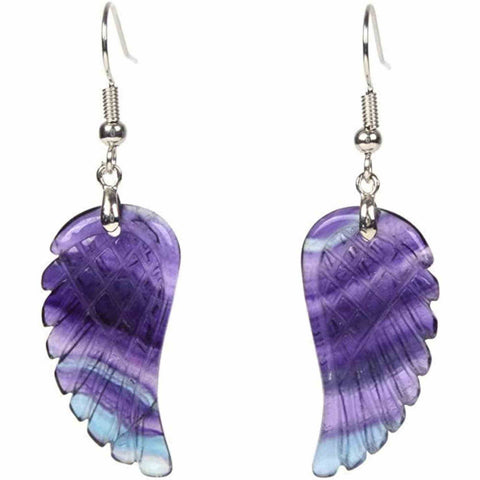 Fluorite crystal earrings 4 cm, angel wing shape and satin pouch included - For protection