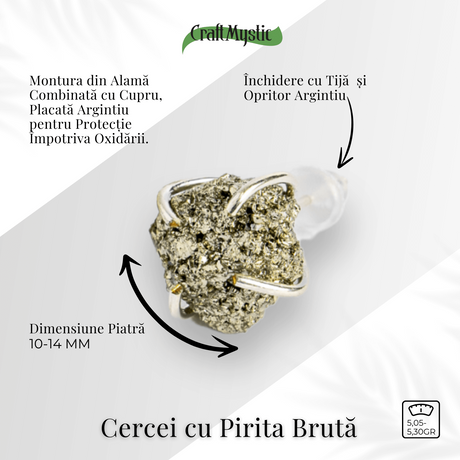 Cercei argintii cu Pirita bruta - Abundenta, incredere si protectie energetica