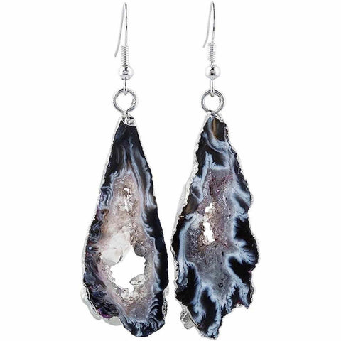 Earrings with natural black onyx semi-precious stone, geode shape, with silver-plated metal