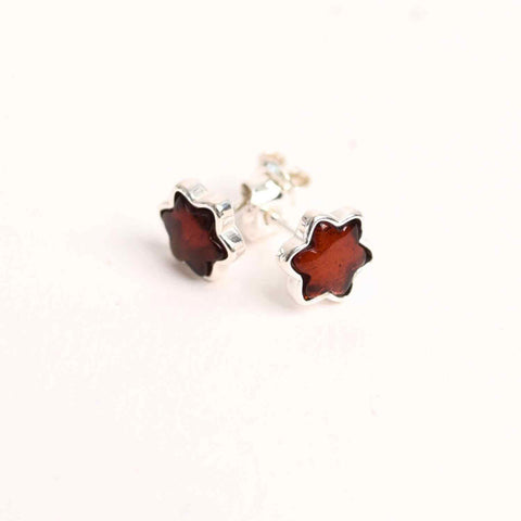 925 Sterling Silver Star Earrings with Brown Natural Amber - Protection and Elegance