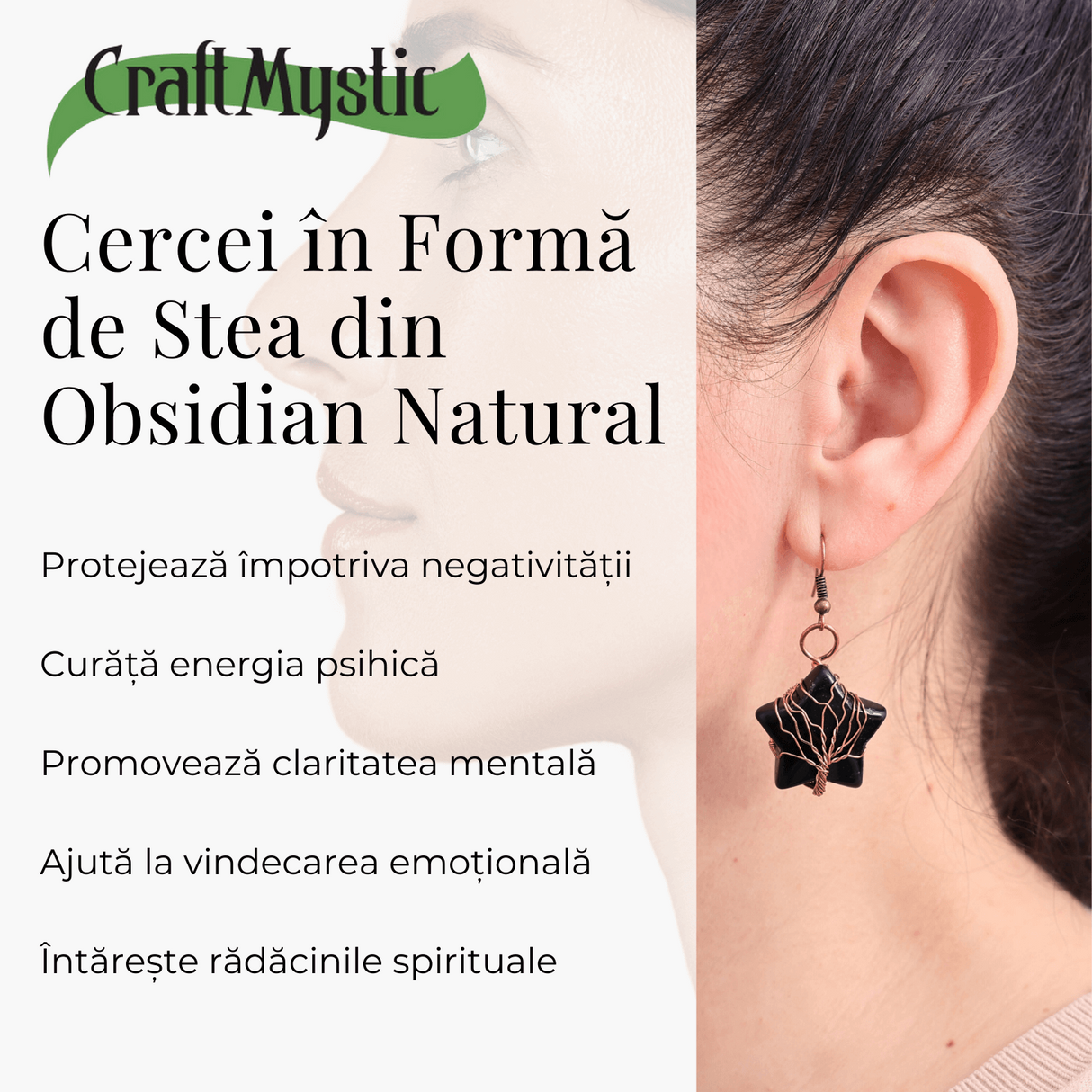 Cercei Aurii cu Piatra de Obsidian in Forma de Stea