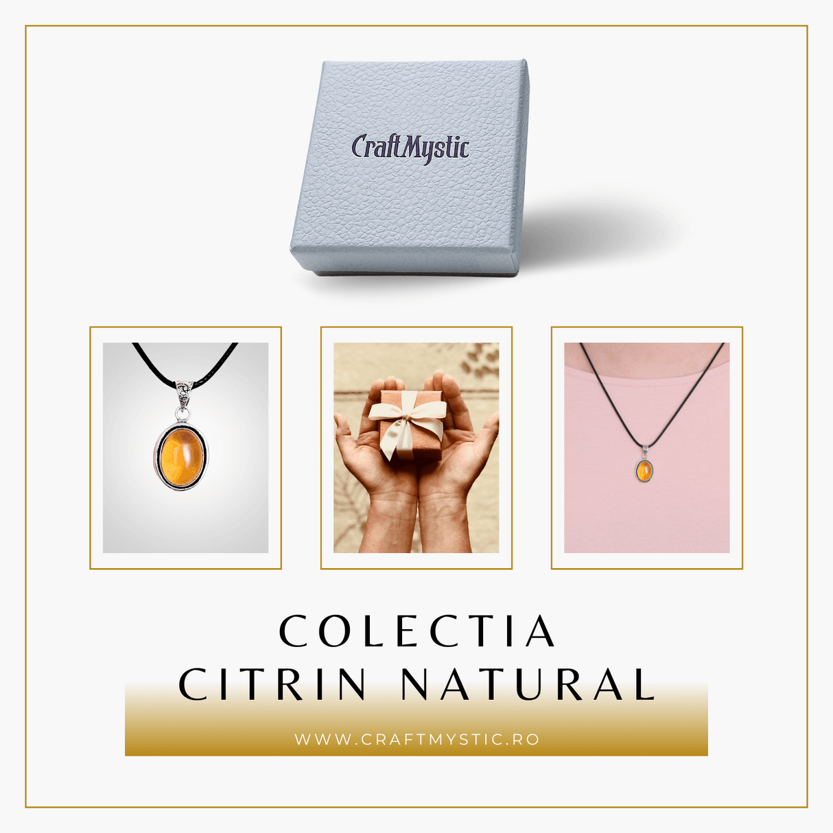Colier Reglabil cu Pandantiv Oval din Metal Argintiu si Citrin Natural