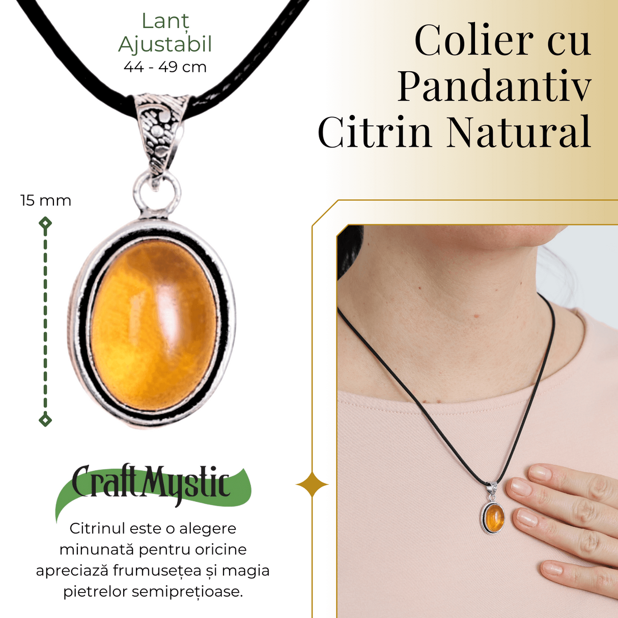 Colier Reglabil cu Pandantiv Oval din Metal Argintiu si Citrin Natural
