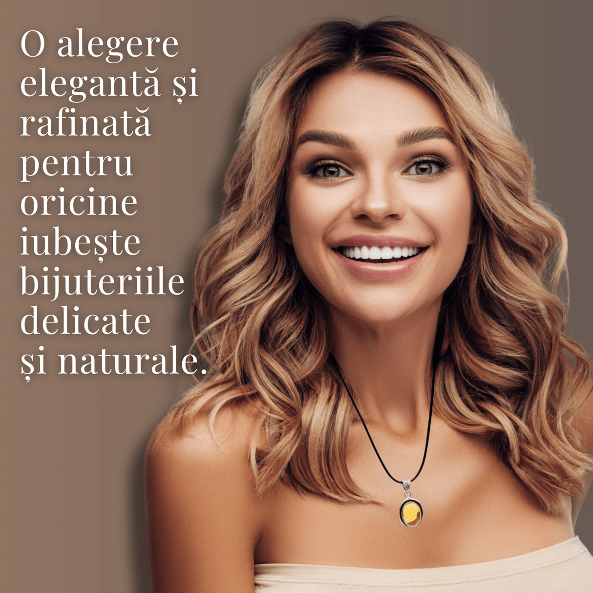 Colier Reglabil cu Pandantiv Oval din Metal Argintiu si Citrin Natural