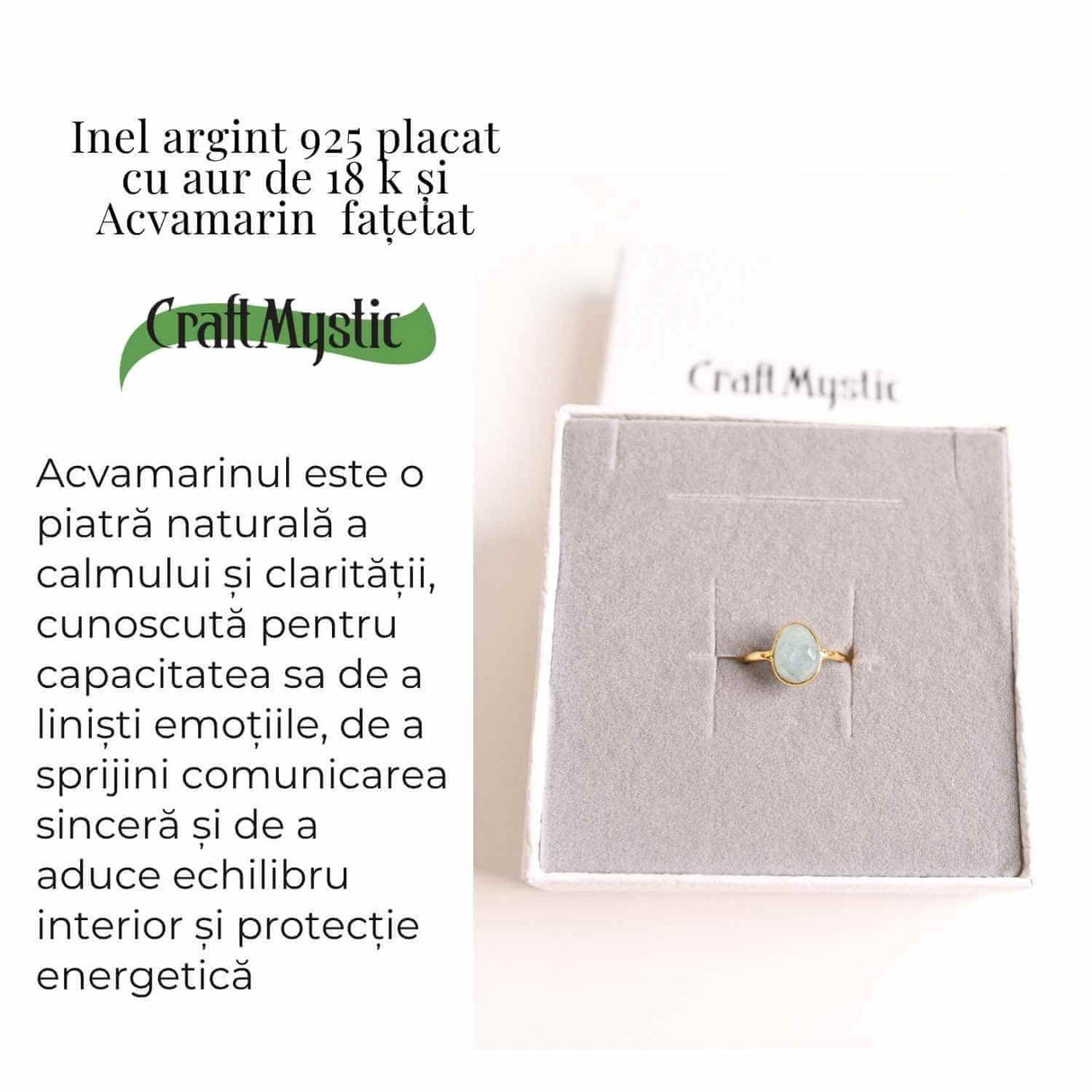 Inel cu Acvamarin Fatetat din Argint 925 placat cu Aur de 18K 1.59gr M50.5/5.5- Liniste Interioara si Claritate in Comunicarea Sufletului