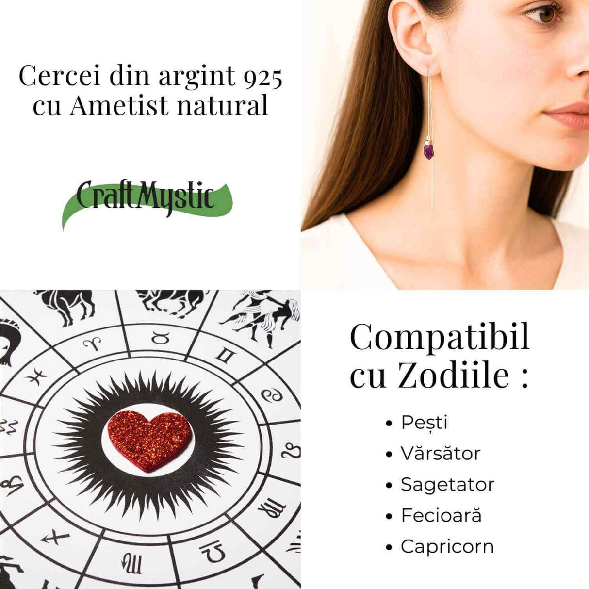 Calm si Echilibru Interior - Cercei Lungi din Argint 925 cu Piatra Naturala de Ametist