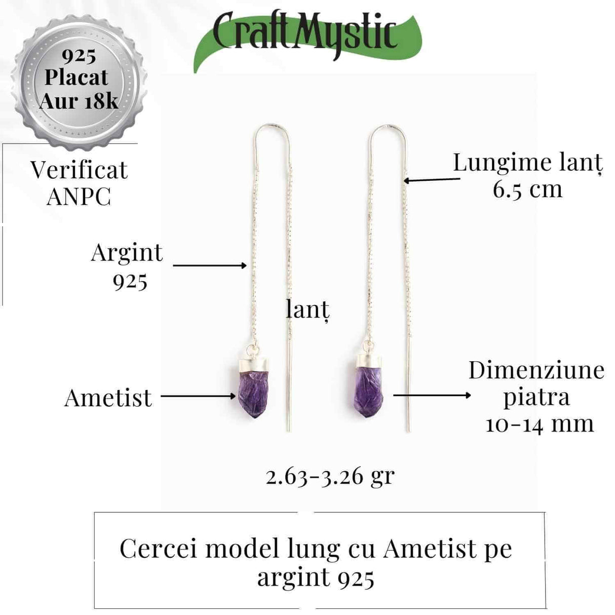 Calm si Echilibru Interior - Cercei Lungi din Argint 925 cu Piatra Naturala de Ametist