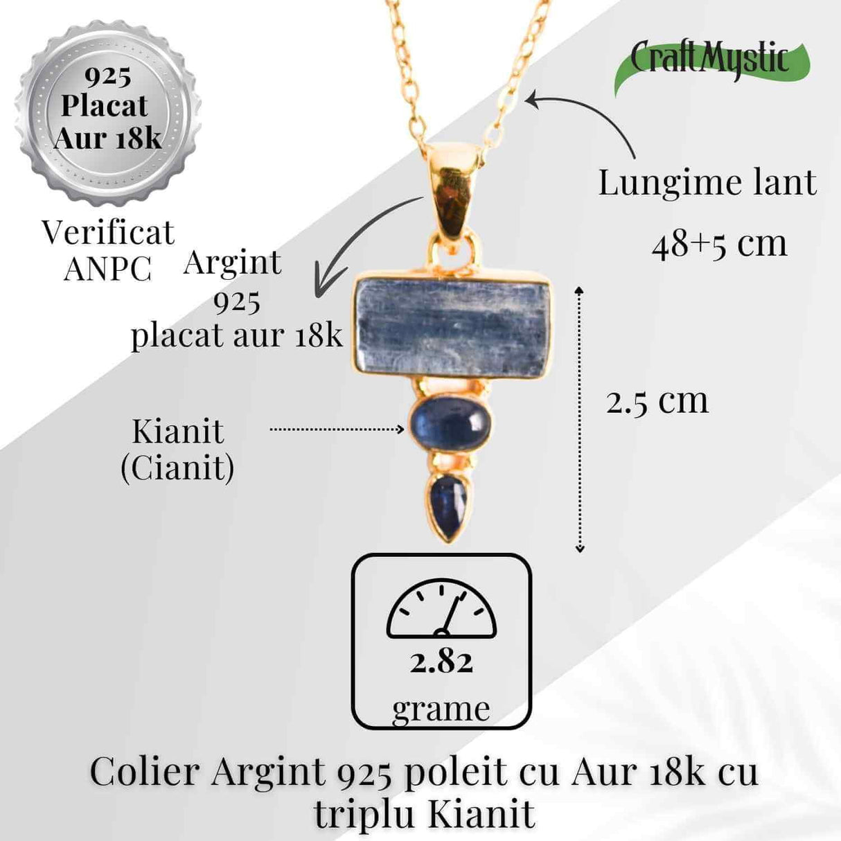 Comunicare Autentica si Echilibru - Colier inox si pandantiv argint 925 placat cu aur de18k si Triplu Kianit