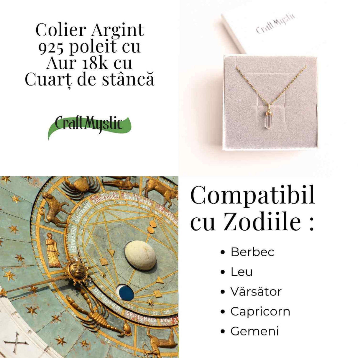 Claritate Mentala si Purificare - Colier din Argint 925 Placat cu Aur 18K cu Cuart de Stanca