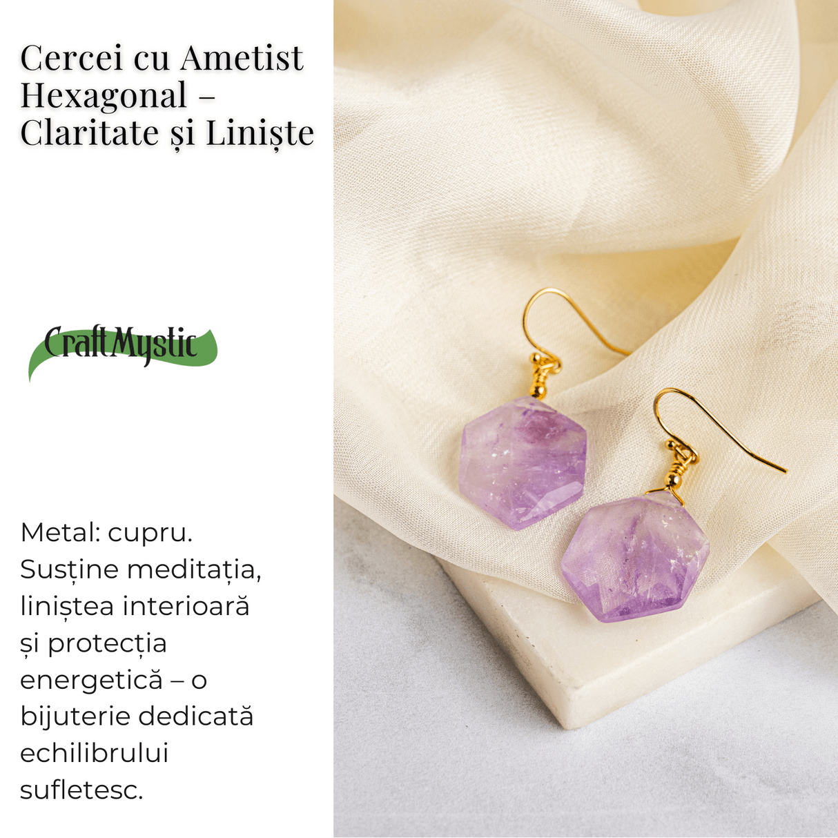 Claritate si Liniste - Cercei cu Ametist Hexagonal