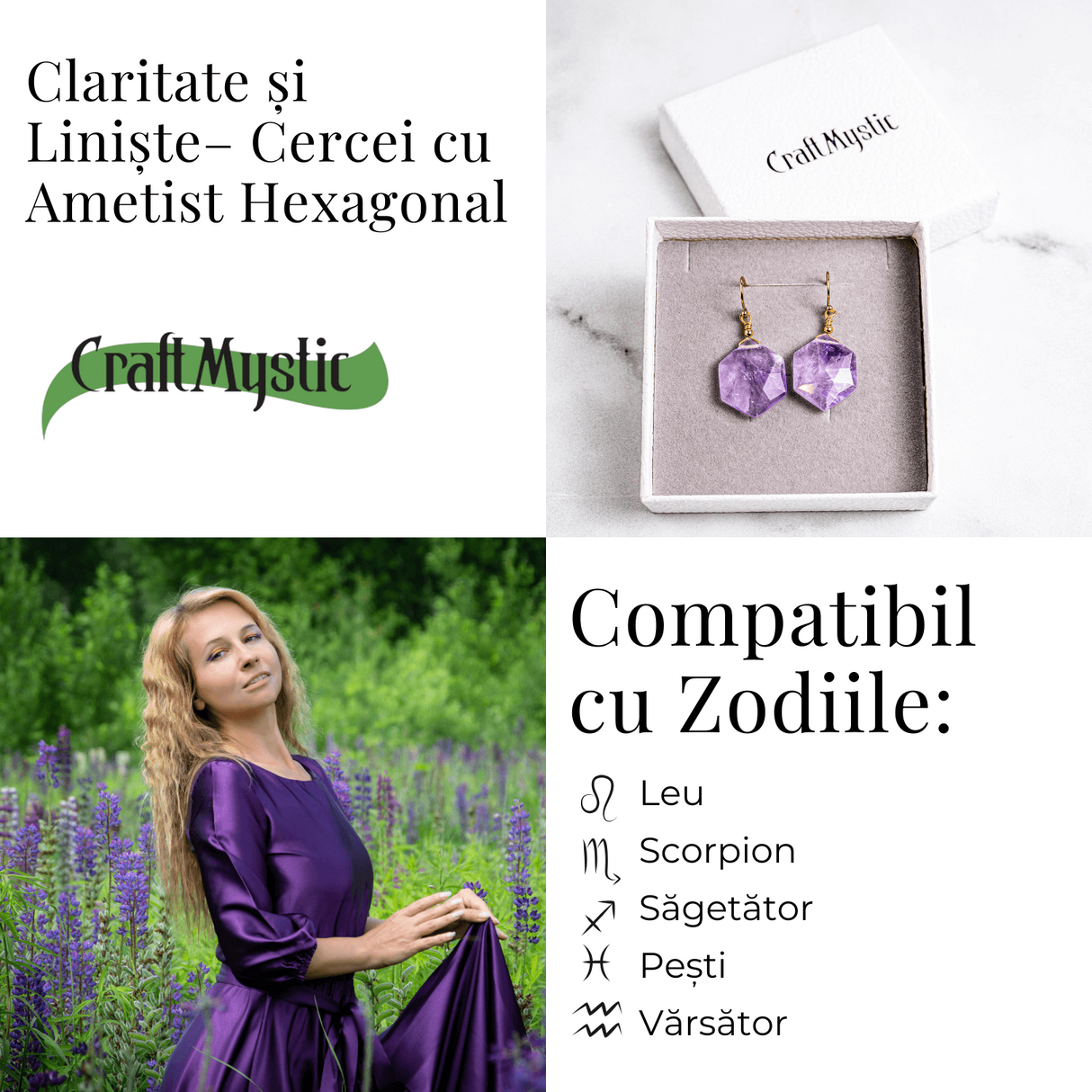 Claritate si Liniste - Cercei cu Ametist Hexagonal