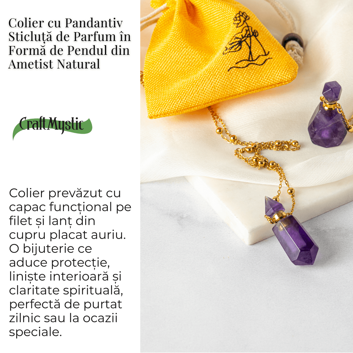Protectie si Claritate - Colier Sticluta Pendul din Ametist Natural, lant cupru Placat Auriu