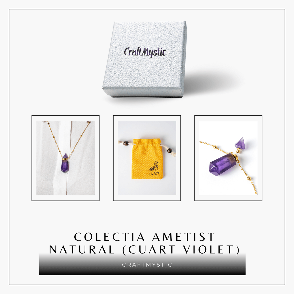 Protectie si Claritate - Colier Sticluta Pendul din Ametist Natural, lant cupru Placat Auriu