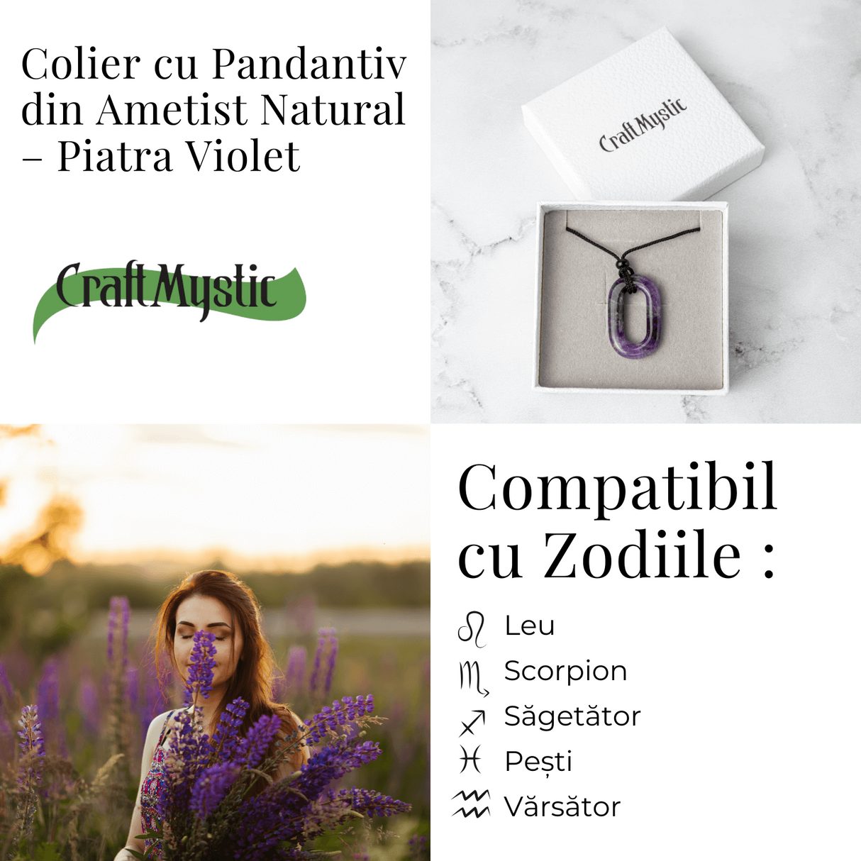 Colier cu Pandantiv Oval din Ametist Natural - Piatra Protectiei si Claritatii Spirituale