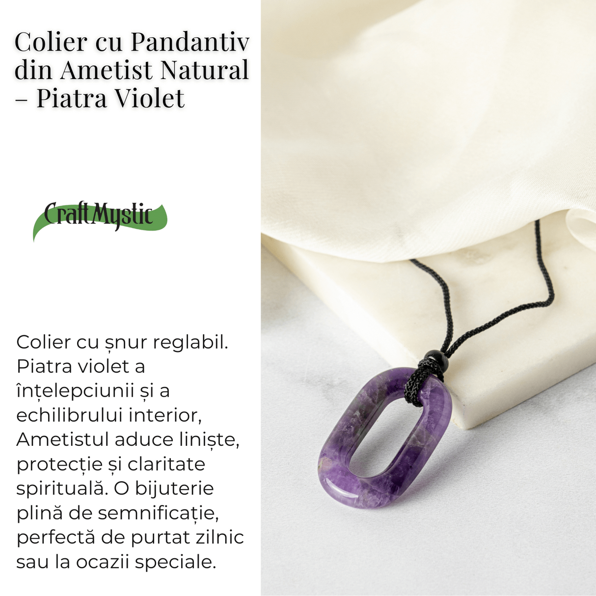 Colier cu Pandantiv Oval din Ametist Natural - Piatra Protectiei si Claritatii Spirituale