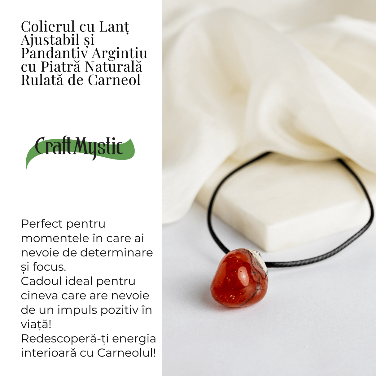 Colier cu Piatra Rulata de Carneol Natural - Energie, Creativitate si Motivare
