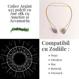 Colier Ametist si Acvamarin Brut din Argint 925 Placat cu Aur 18K - Echilibru Emotional si Claritate Mentala