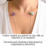 Colier Ametist si Acvamarin Brut din Argint 925 Placat cu Aur 18K - Echilibru Emotional si Claritate Mentala