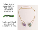 Colier Ametist si Acvamarin Brut din Argint 925 Placat cu Aur 18K - Echilibru Emotional si Claritate Mentala