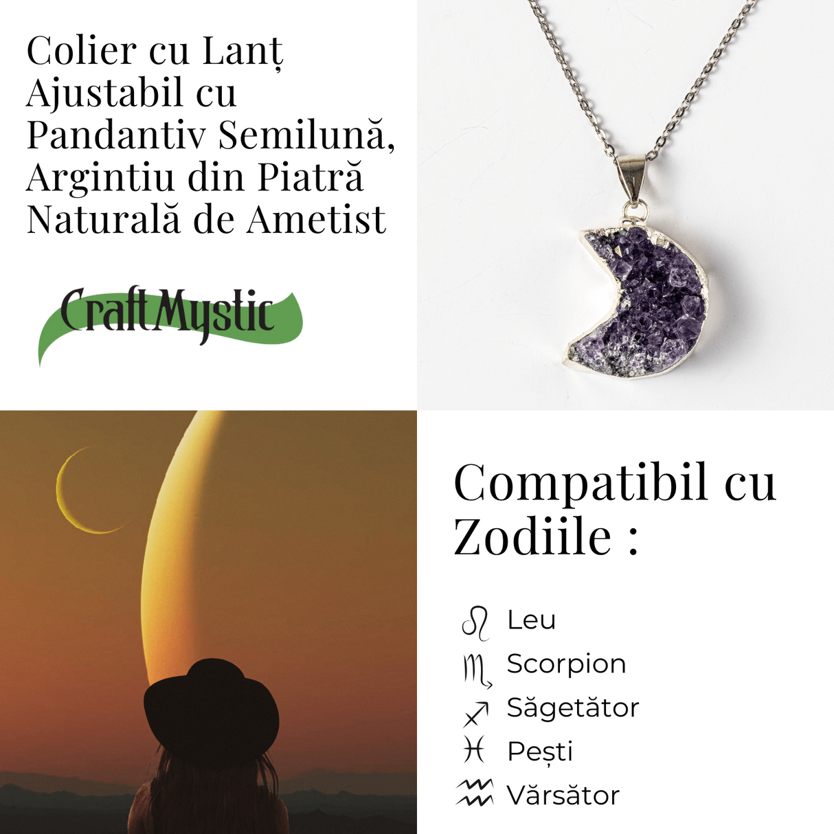 Colier Argintiu cu Ametist Druzy Semiluna - Claritate si Echilibru
