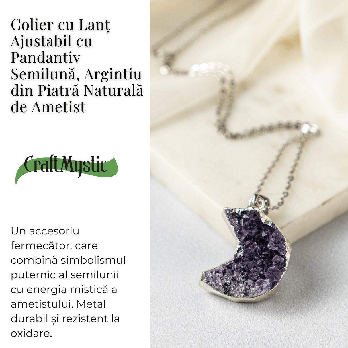 Colier Argintiu cu Ametist Druzy Semiluna - Claritate si Echilibru