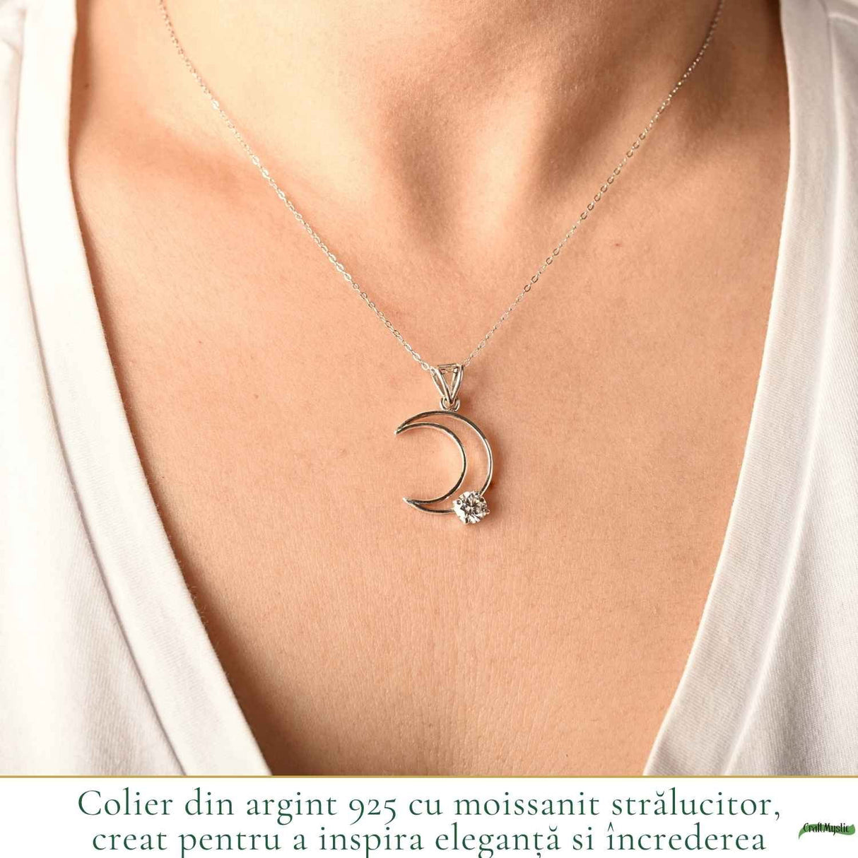 Colier Semiluna cu diamant Moissanit din Argint 925 – Feminitate si Stralucire Mistica